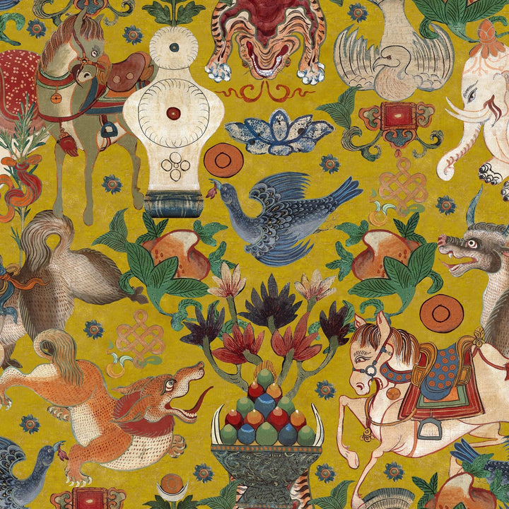 mind-the-gap-woodstock-collection-animal-wallpaper-tiger-horse-elephants-birds-multi-coloured-bohemian-wallpaper-incantation-boho-yellow-mustard