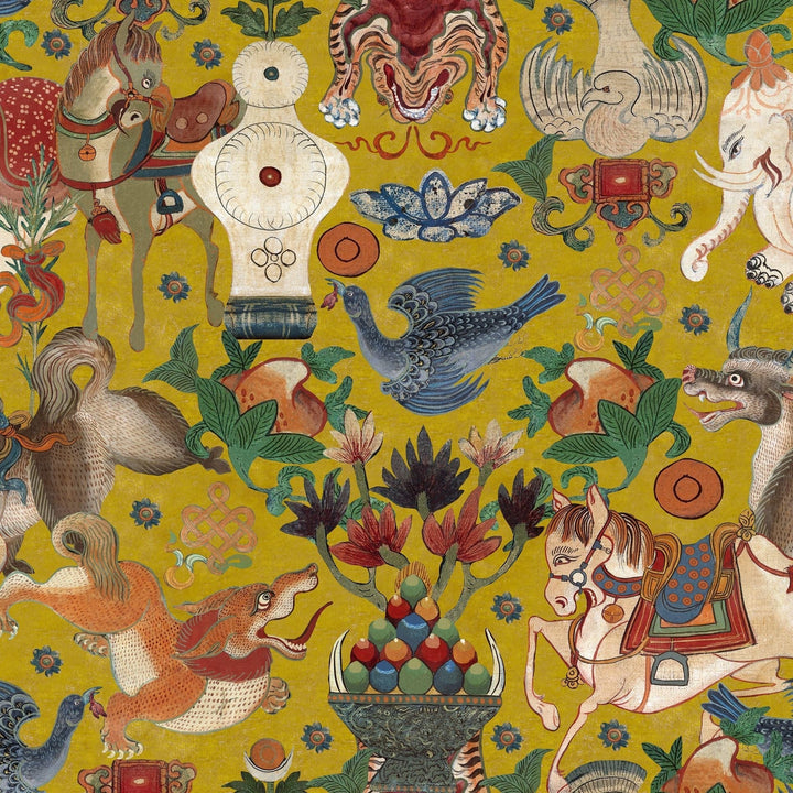 mind-the-gap-woodstock-collection-animal-wallpaper-tiger-horse-elephants-birds-multi-coloured-bohemian-wallpaper-incantation-boho-yellow-mustard-multi