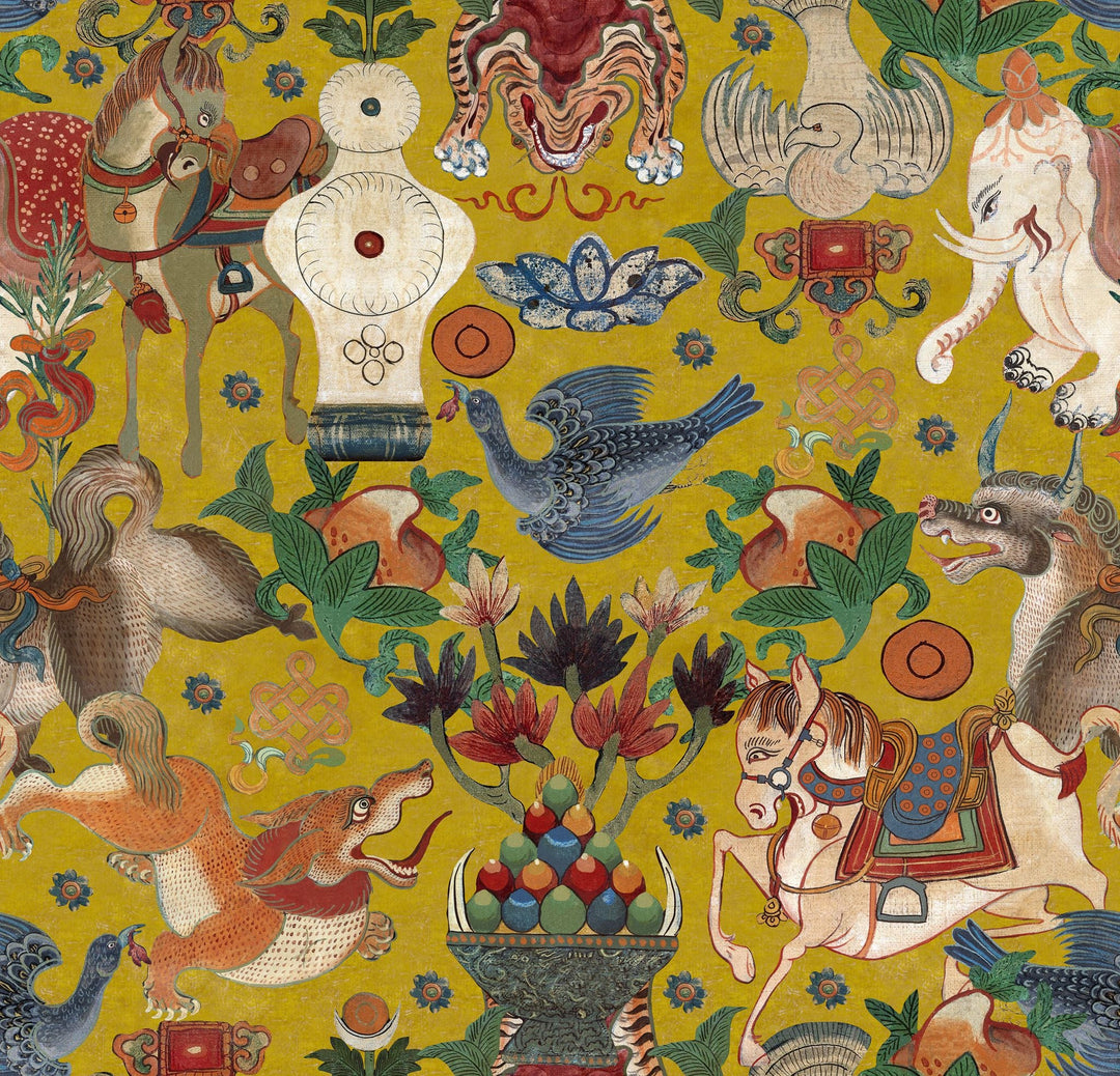 mind-the-gap-woodstock-collection-animal-wallpaper-tiger-horse-elephants-birds-multi-coloured-bohemian-wallpaper-incantation-boho-yellow-multi-coloured-blue-orange-red-cream