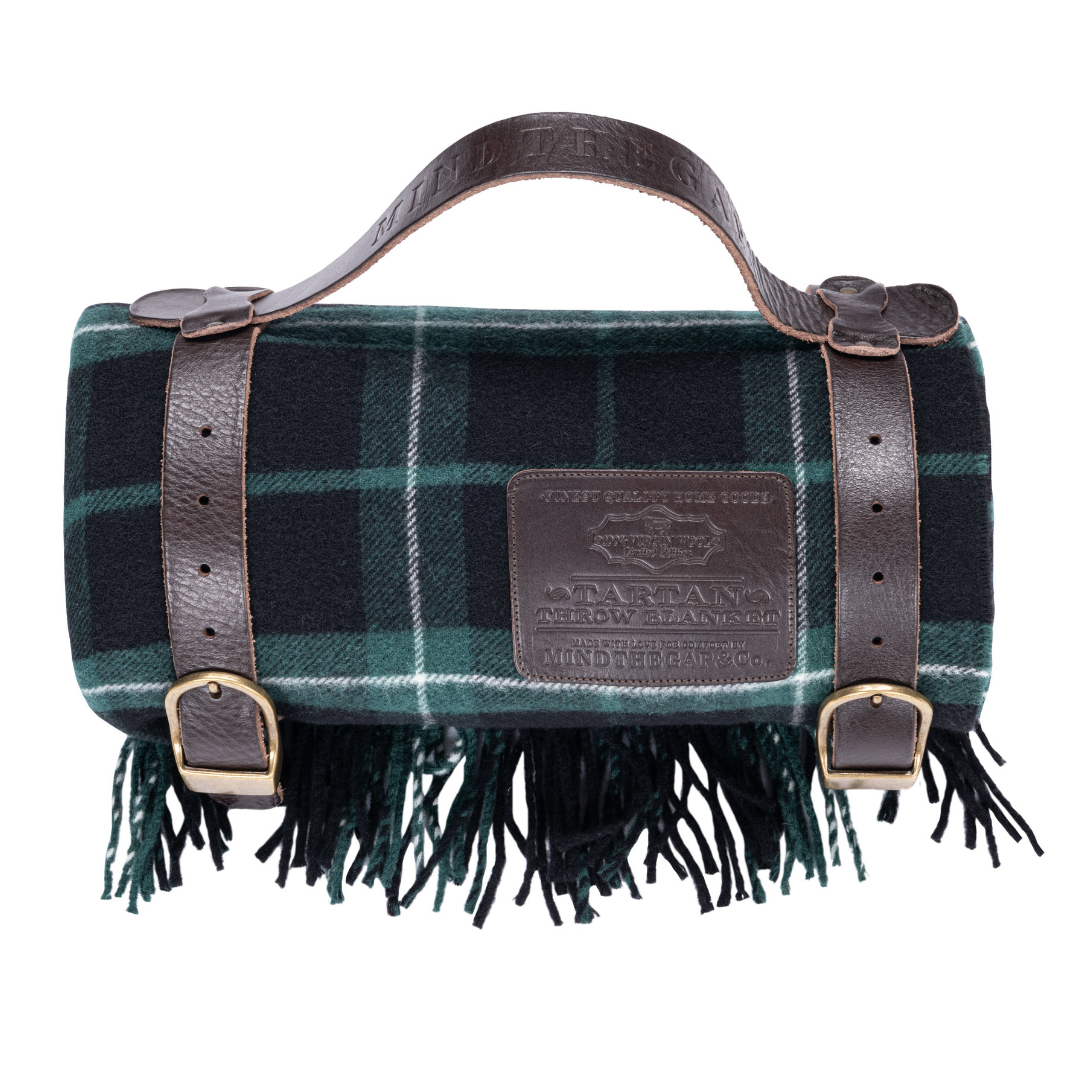 mind-the-gap-check-green-blue-wool-picnic-blanket-with-handle-strap