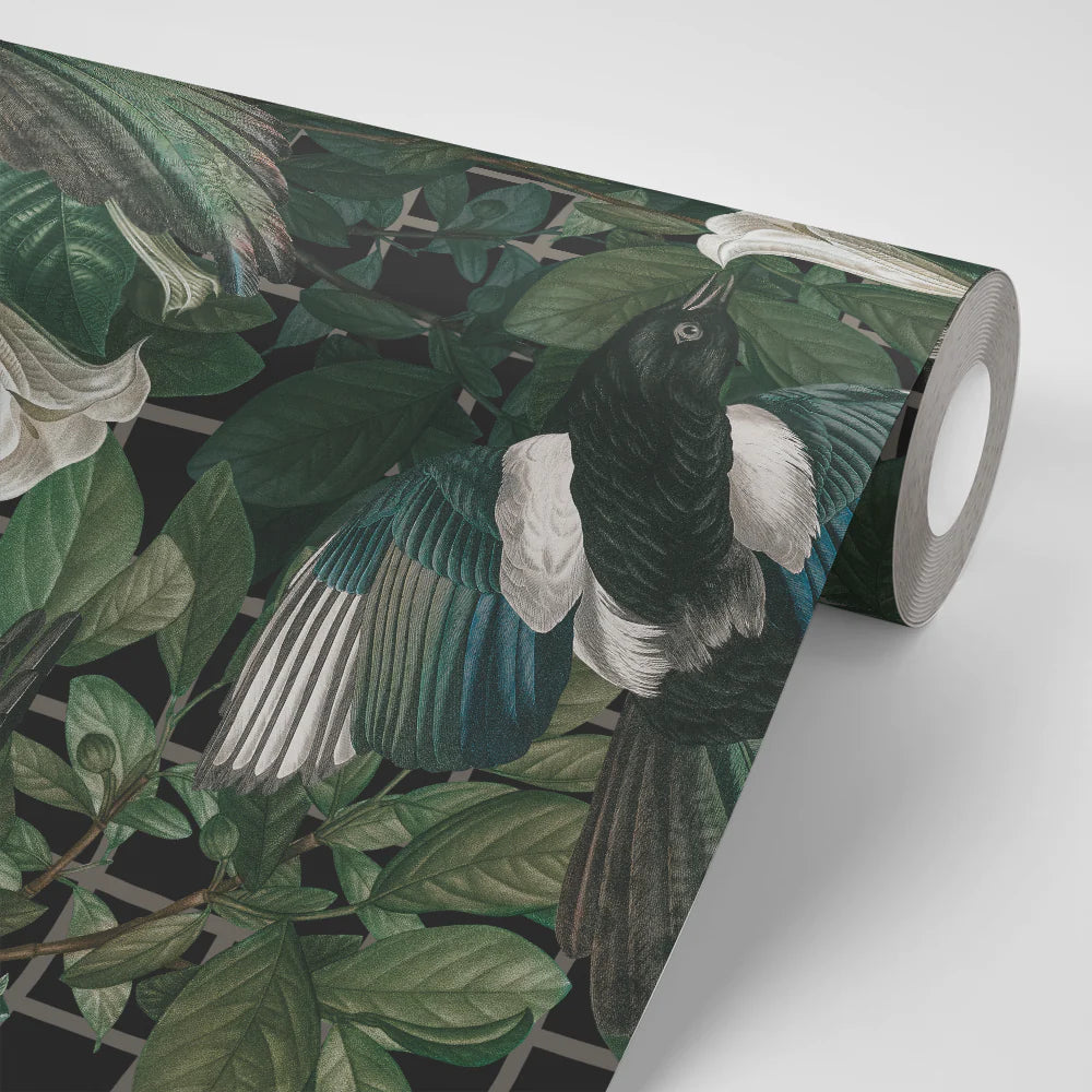 North-and Nether-magpie-caged-bird-wallpaper-florals-birds-trellis-black-background-gothic-dark-luxe-decor