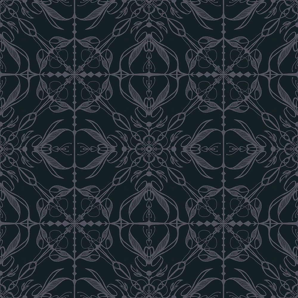 North-and-Nether-wallpaper-gate-wroght-iron-design-victorian-inspired-lattice-pattern-black-on-black-gardens-mighnight-garden-collection