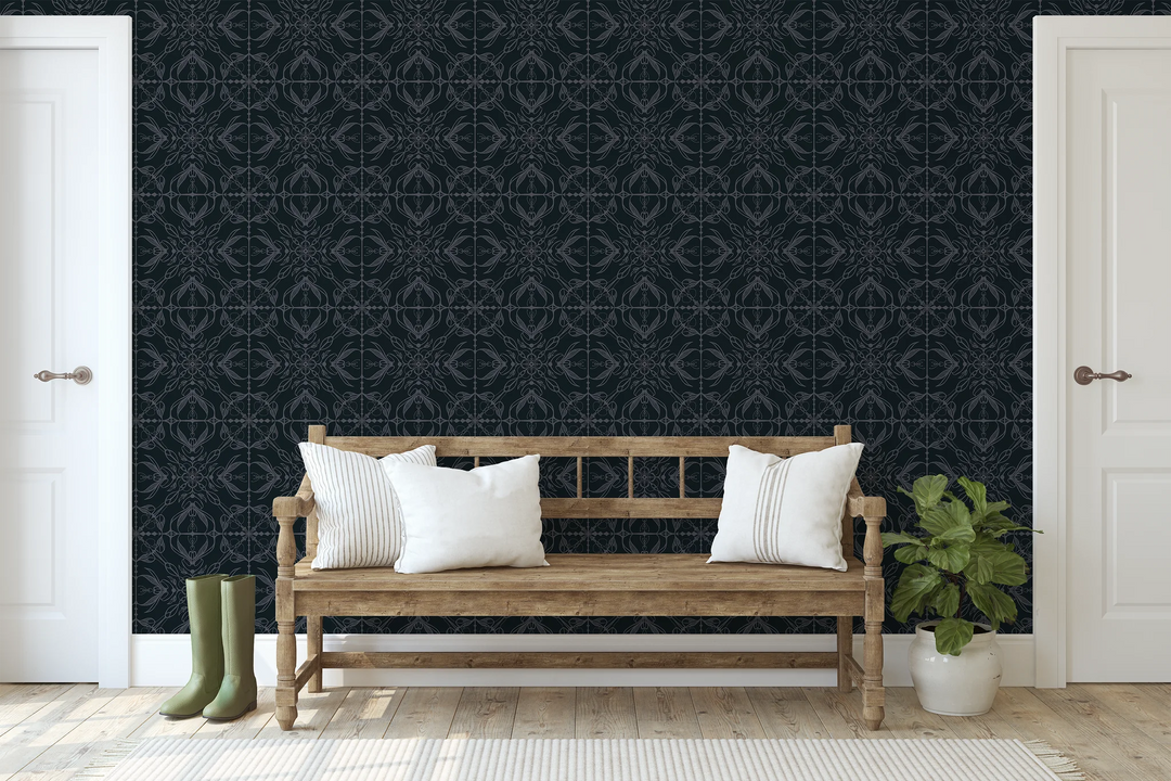 North-and-Nether-wallpaper-gate-wroght-iron-design-victorian-inspired-lattice-pattern-black-on-black-gardens-mighnight-garden-collection