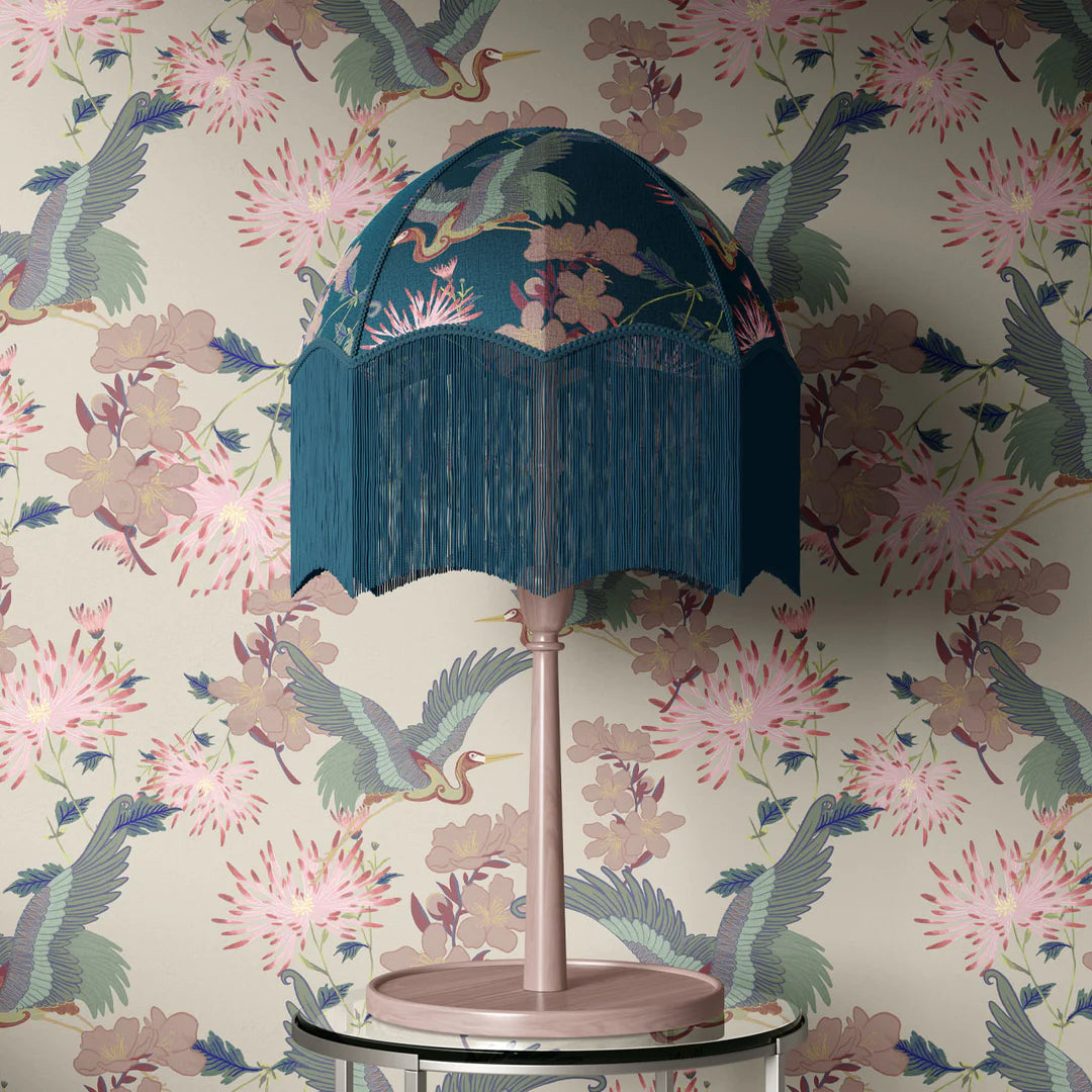 Tatie-lou-Blossom-midnight-lampshade-table-lap-fringed-shade-tassel-trim-velvet-green-herons-floral-printed-velvet-parachute-shape
