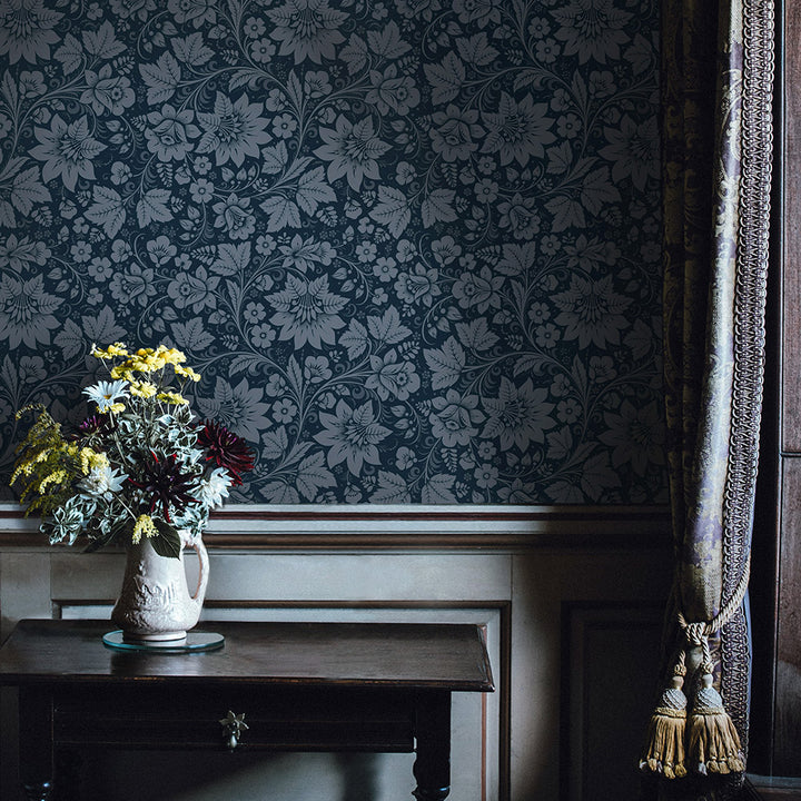 Olenka-Milana-wallpaper-floral-Graphite-blue-grey-tonal-large-floral-pattern-trailing-flowers-vines-leaves-retro-russian-inspired-patterns
