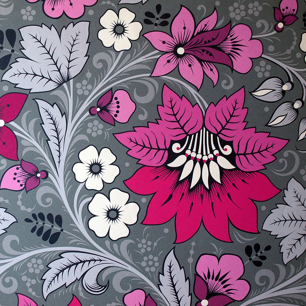 Olenka-Milana-wallpaper-floral-hot pink-grey-large-floral-pattern-trailing-flowers-vines-leaves-retro-russian-inspired-patterns