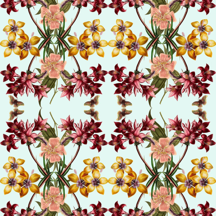 tatie-lou-wallpaper-Hampi-teal-blue-mint-green-ruby-pink-colourway-large-scale-kaleiscopic-repaet-floral-orchid-lilys-bloom-square-tile-repeat-pattern-exotic