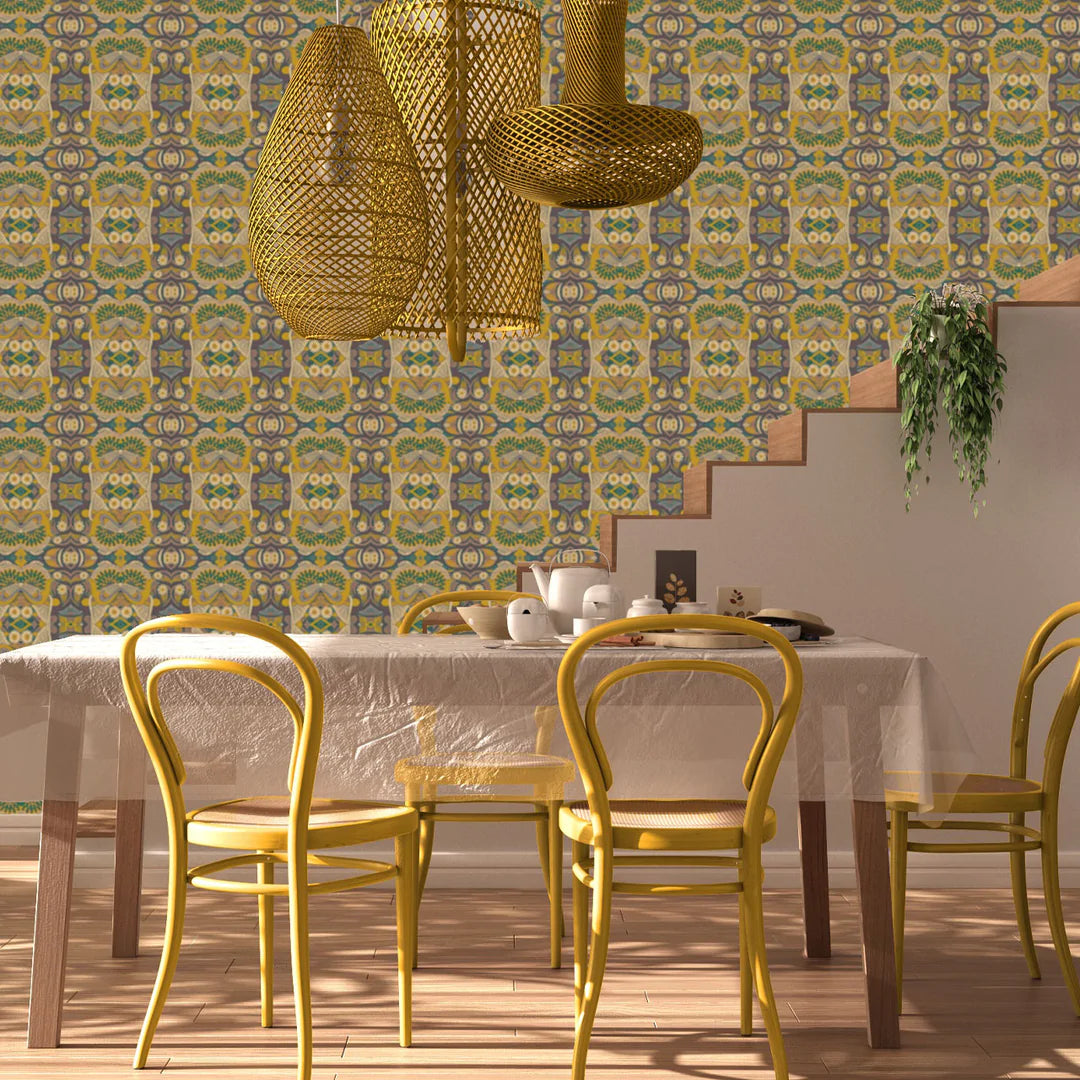 Tatie-Lou-wallpaper- Esprit-Boho-Art-Deco-pattern-repeat-kaleidoscopic-jewel-tones-origami-mustard
