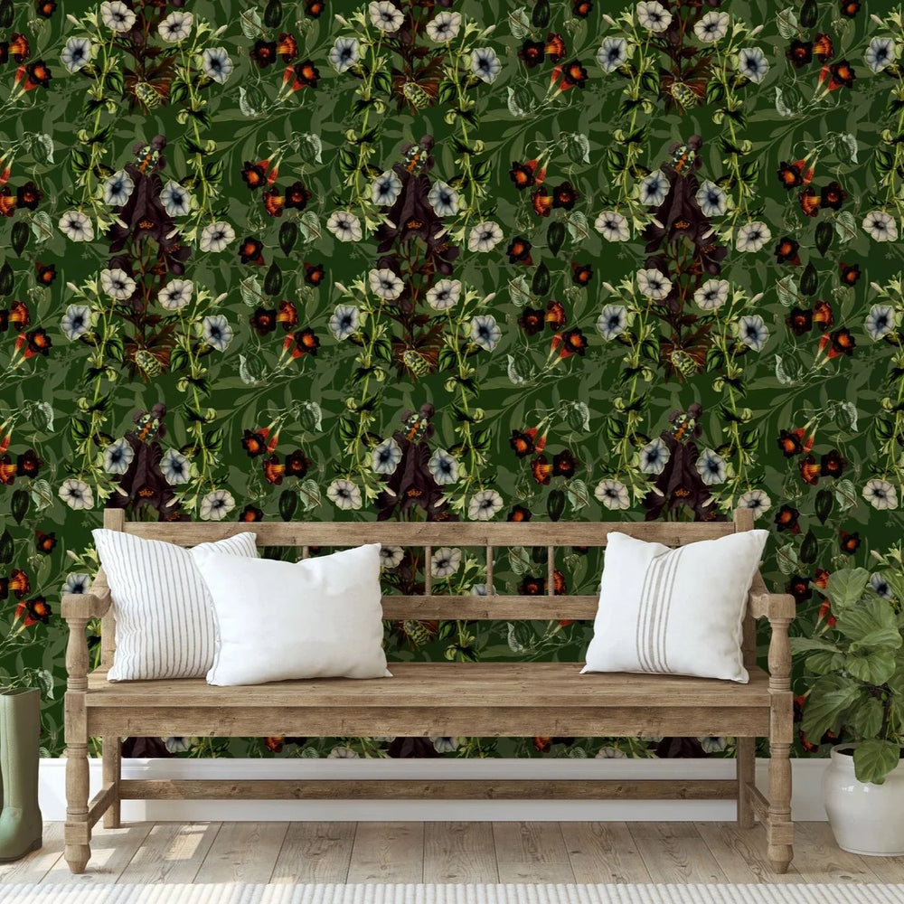 North-and-Nether-Midnight-garden-collection-mightshade-wallpaper-green-base-floral-vines-beetles-pattern