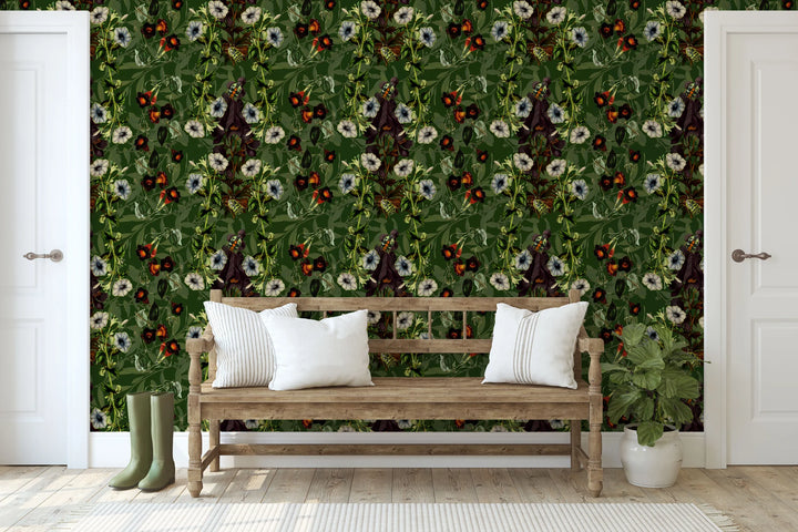 North-and-Nether-Midnight-garden-collection-mightshade-wallpaper-green-base-floral-vines-beetles-pattern