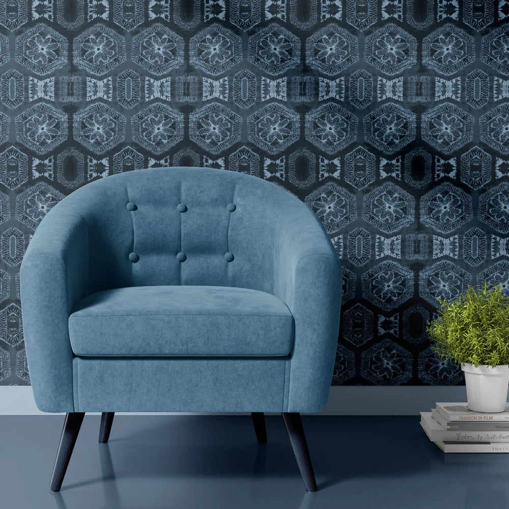 Tatie-Lou-wallpaper-Nui-Burst-repeat-boho-style-blue-denim-tile-repeat-pattern-embroidery-look-indigo-pattern