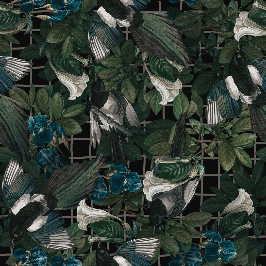 North-and Nether-magpie-caged-bird-wallpaper-florals-birds-trellis-black-background-gothic-dark-luxe-decor 