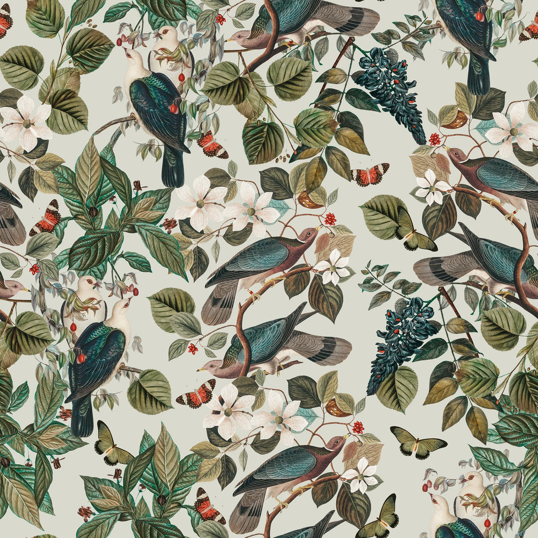 North-and-Nether-pattern-Pigeon-wallpaper-leaves-birds-eggshell-background-butterflies-caged-bird-collection-uk-made