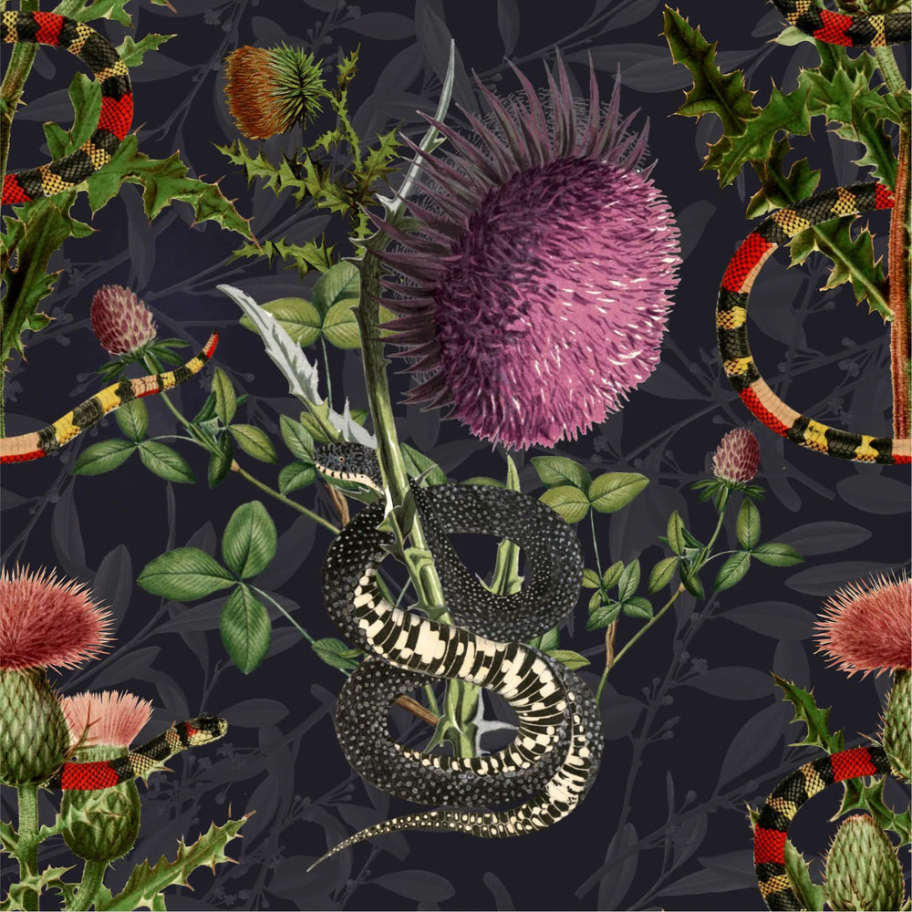 North-and-Nether-Thistle-wallpaper-large-purple-thistles-snakes-black-background-floral-midnight-garden-pattern-exotic-interiors