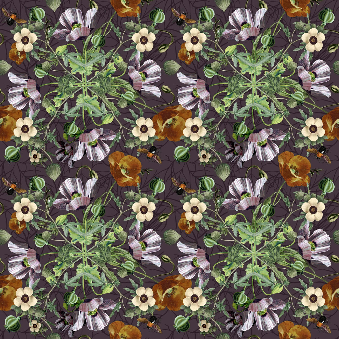 North-and-Nether-Midnight-Garden-collection-Opiumgrid-poppies-honeybees-rich-jewel-tones-black-background-floral