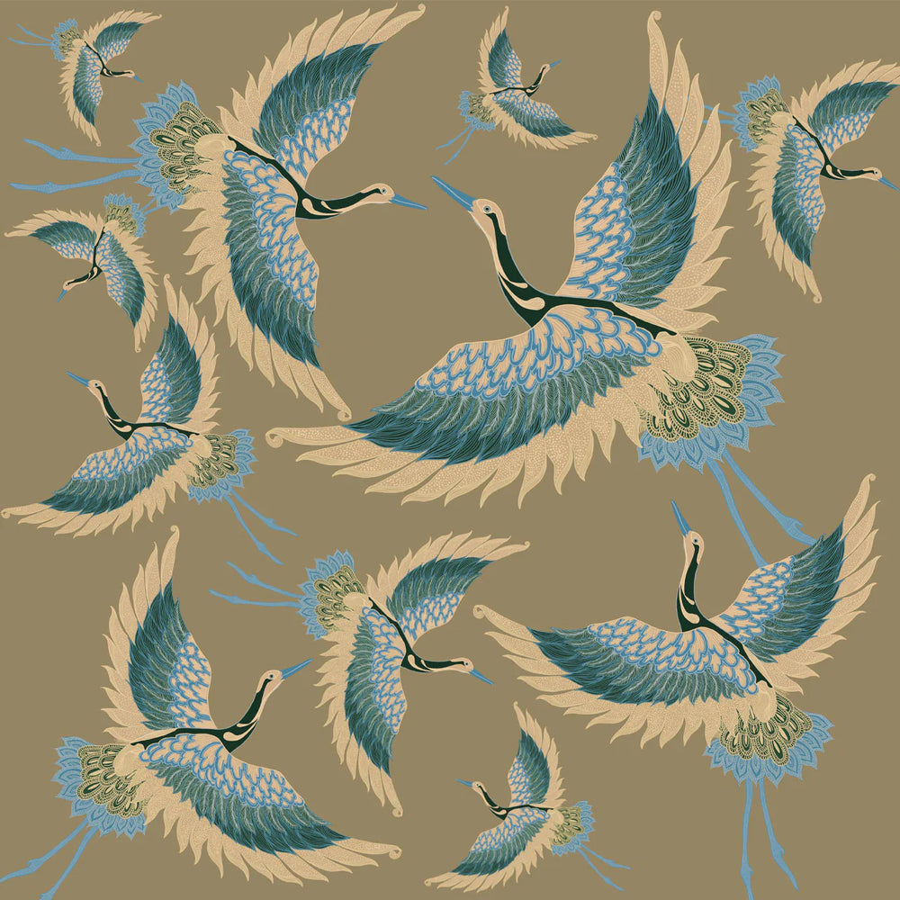 Tatie-Lou-wallpaper-pachmama-fennel-beige-teals-herons-cranes-flying-birds-wallpaper-feature-bold-biba-kimono-print-exotic-fennel-