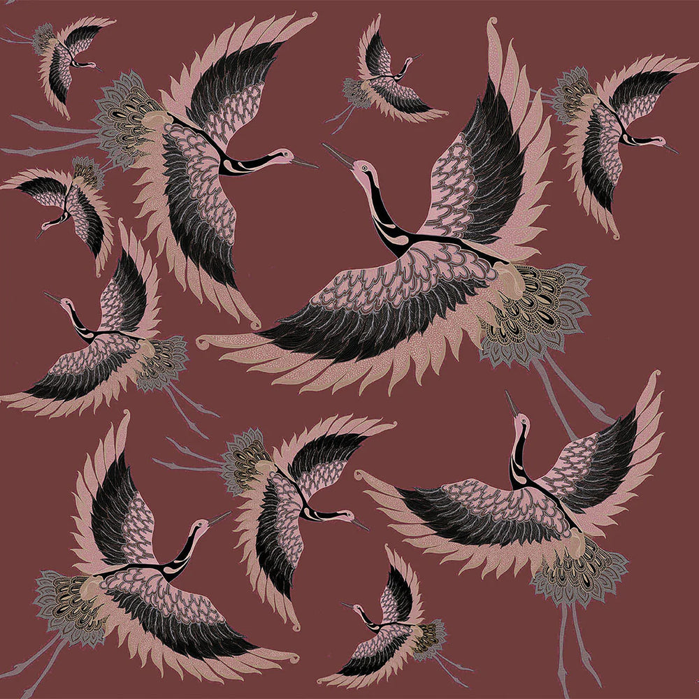Tatie-Lou-wallpaper-pachmama-browns-herons-cranes-flying-birds-wallpaper-feature-bold-biba-kimono-print-exotic-Mahogany -browns