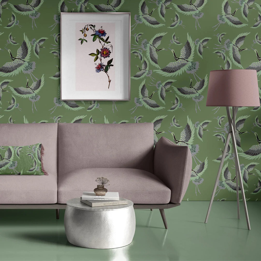 Tatie-Lou-wallpaper-pachmama-green-olive-leaf-colours--herons-cranes-flying-birds-wallpaper-feature-bold-biba-kimono-print-exotic-Olive-green
