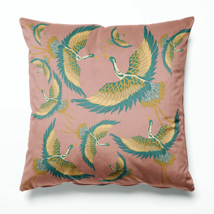 Pachamama-collection-Tatie-Lou-velvet-cushion-flying-heron-printed-two-sides-45x45cm-bird-print-art-deco-style-square-pillow-Rose-pink  