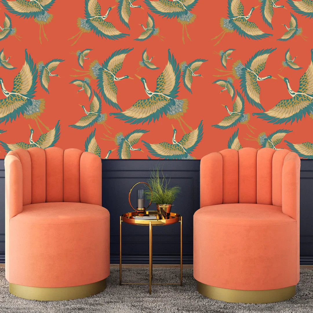 Tatie-Lou-wallpaper-pachmama-coral-herons-cranes-flying-birds-wallpaper-feature-bold-biba-kimono-print-exotic-orange-