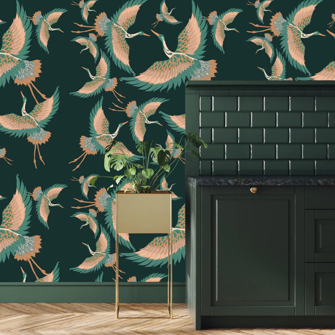 Tatie-lou-wallpaper-pachamama-heron-cranes-flying-birds-kimono-art-deco-uk-designer-wallcovering-forrest-green