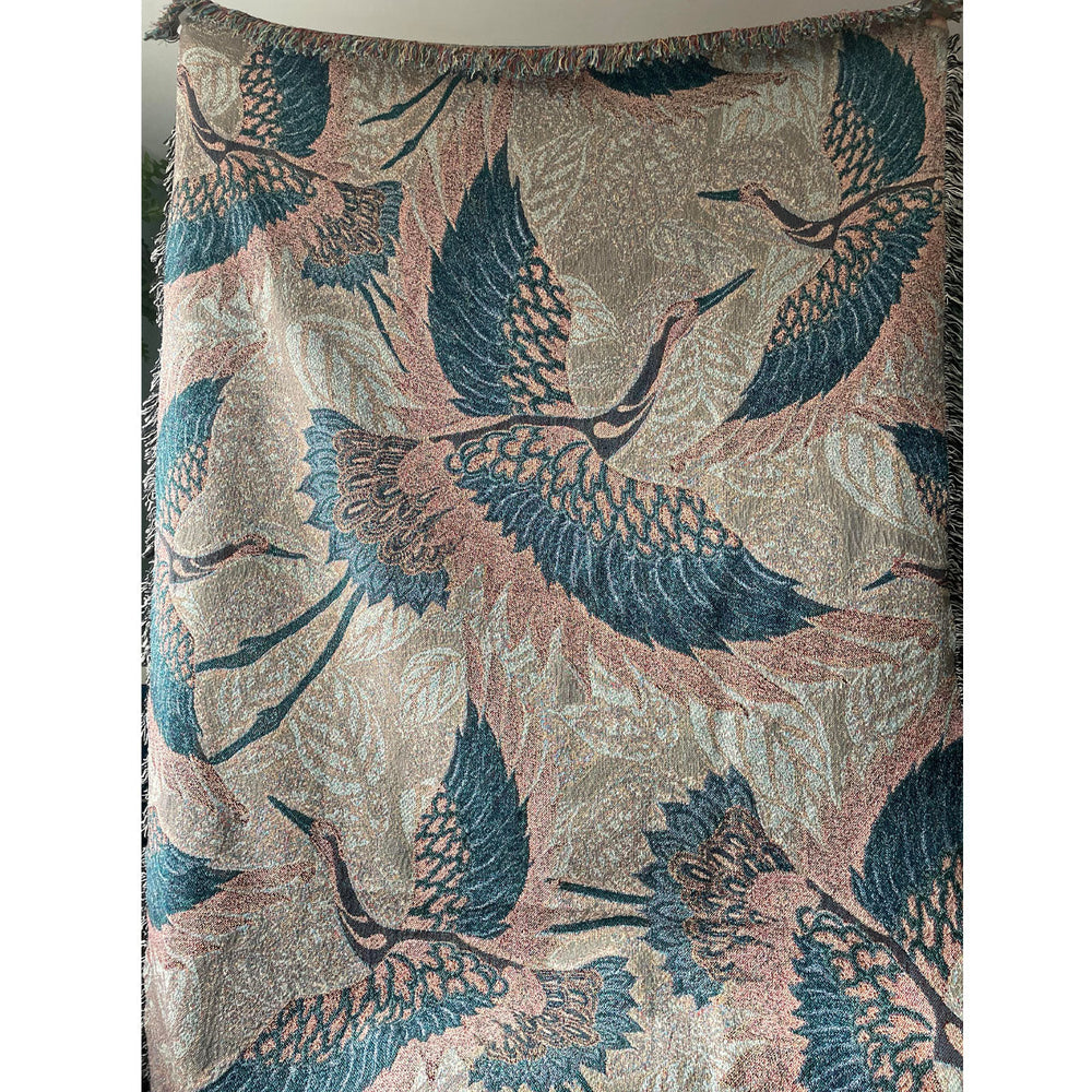 Tatie-Lou-Jacquard-blanket-throw-Pachamama-heron-cranes-flying-birds-black-pink-reverse-woven--blanket-hanging-boho-biba-art-deco-blanket-frayed-edge-art