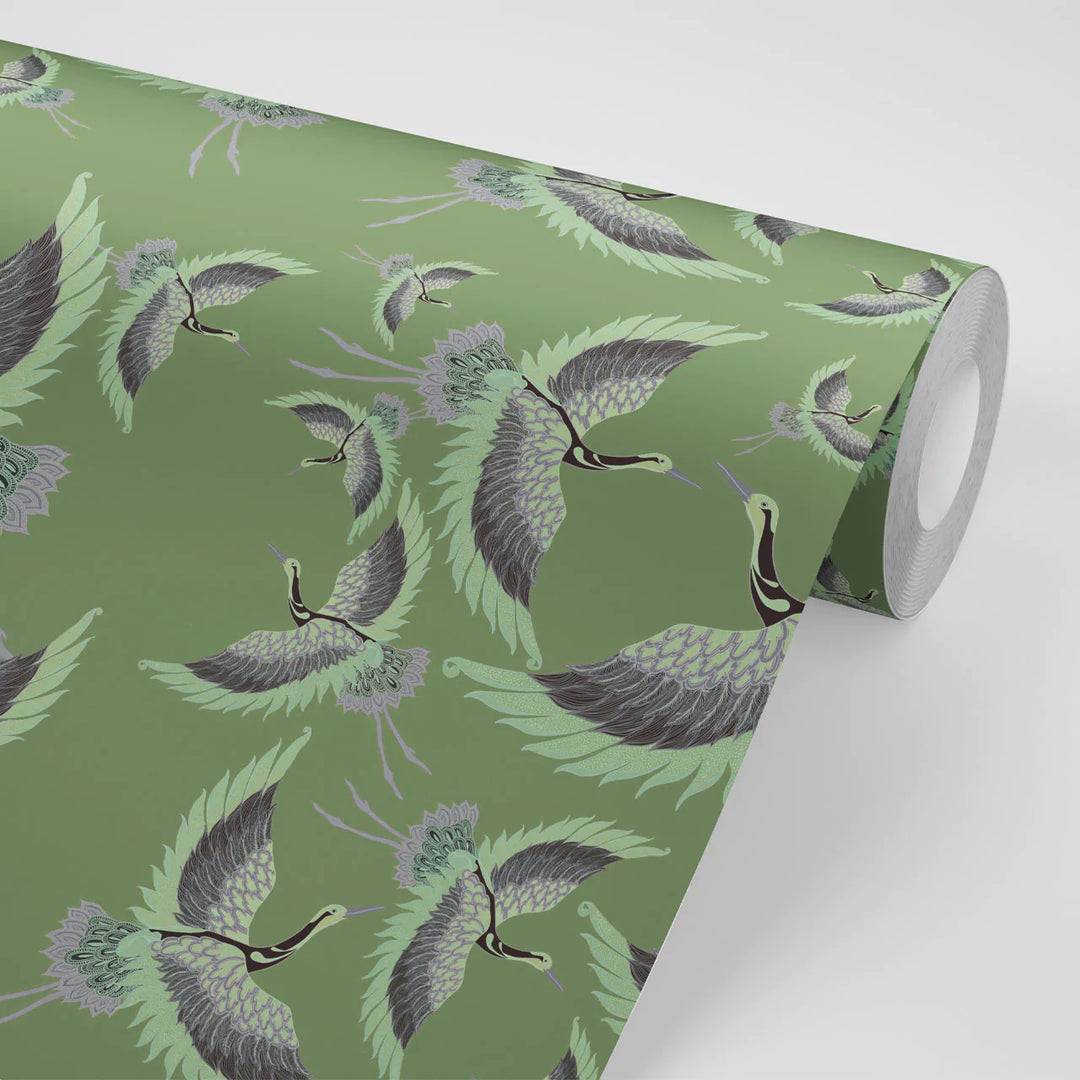 Tatie-Lou-wallpaper-pachmama-green-olive-leaf-colours--herons-cranes-flying-birds-wallpaper-feature-bold-biba-kimono-print-exotic-Olive-green