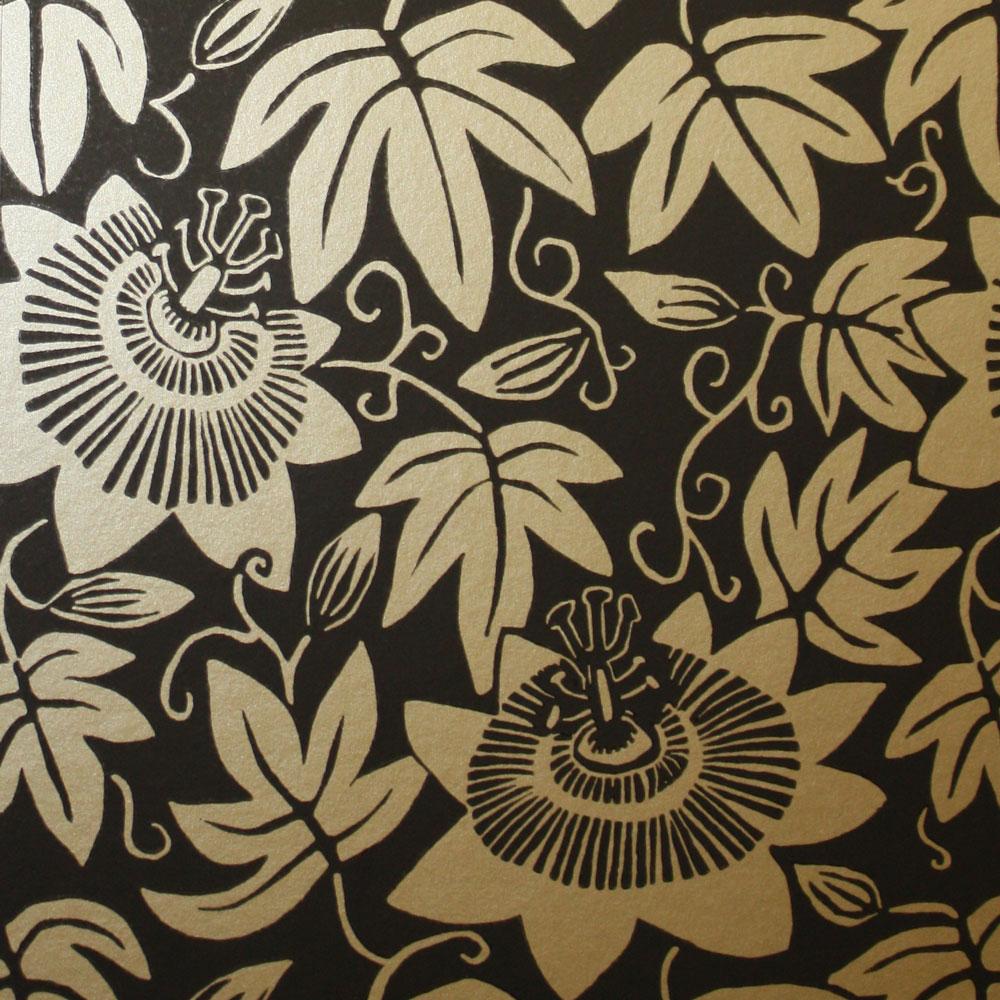 Monkey-Tree-Puzzle-Passion-Flower-black-Alexis-Snell-gold-linoprint-wallpaper-british-designer-floral-metallic-