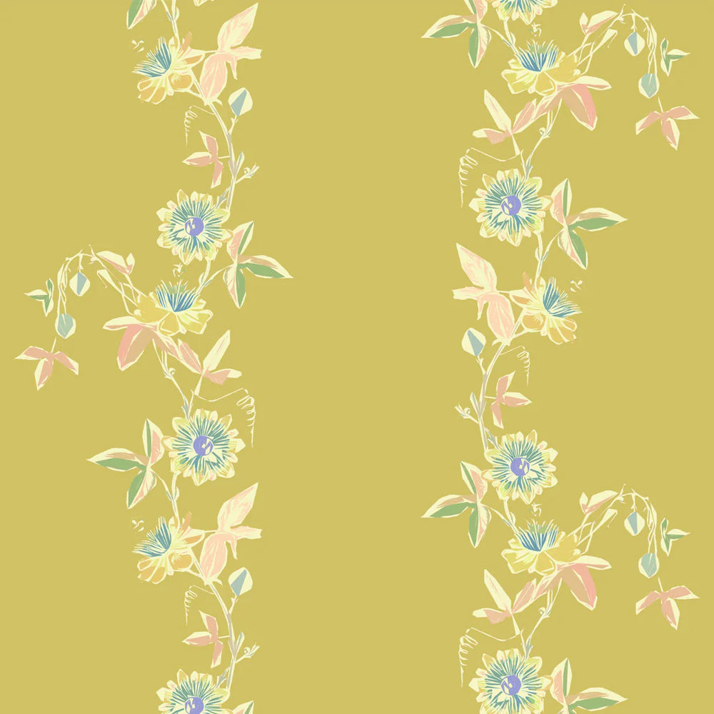 Tatie-Lou-wallpaper-passion-flower-trailing-vines-floral-print-stripe-design-yellow-corn