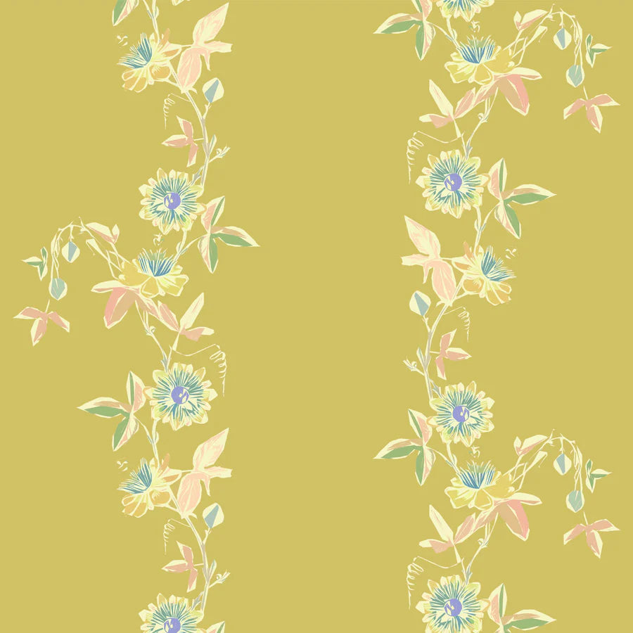 Tatie-Lou-wallpaper-passion-flower-corn-yellow-floral-vines-flowers-trailing-design-wide-stripe-flora-pattern