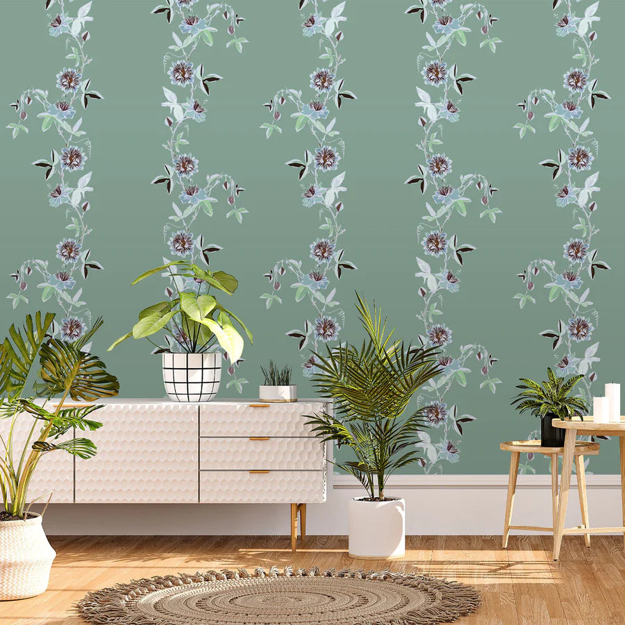 Tatie-Lou-wallpaper-passion-flower-pistachio-soft-green-white-plum-flowers-floral-vines-flowers-trailing-design-wide-stripe-flora-pattern
