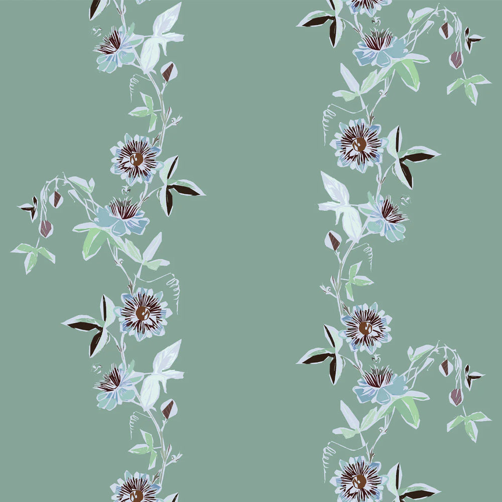Tatie-Lou-wallpaper-passion-flower-pistachio-soft-green-white-plum-flowers-floral-vines-flowers-trailing-design-wide-stripe-flora-pattern