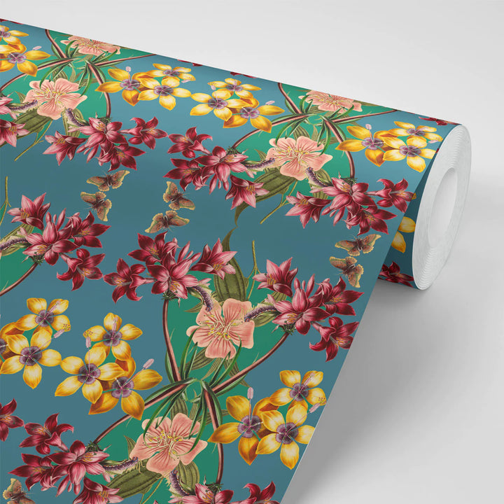 tatie-lou-wallpaper-Hampi-teal-blue-yellow-ruby-emerald--colourway-large-scale-kaleiscopic-repaet-floral-orchid-lilys-bloom-square-tile-repeat-pattern-exotic