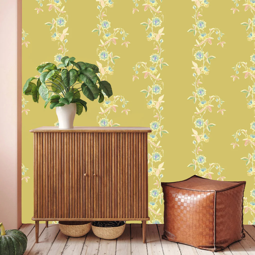 Tatie-Lou-wallpaper-passion-flower-trailing-vines-floral-print-stripe-design-yellow-corn