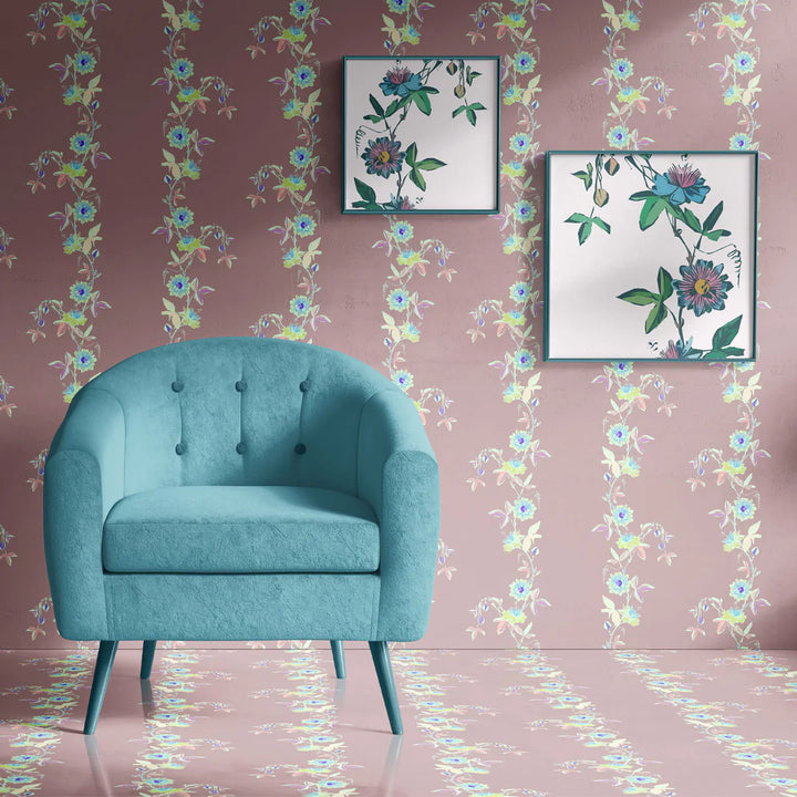 Tatie-Lou-wallpaper-passion-flower-trailing-vines-floral-print-stripe-design-geranium-pink
