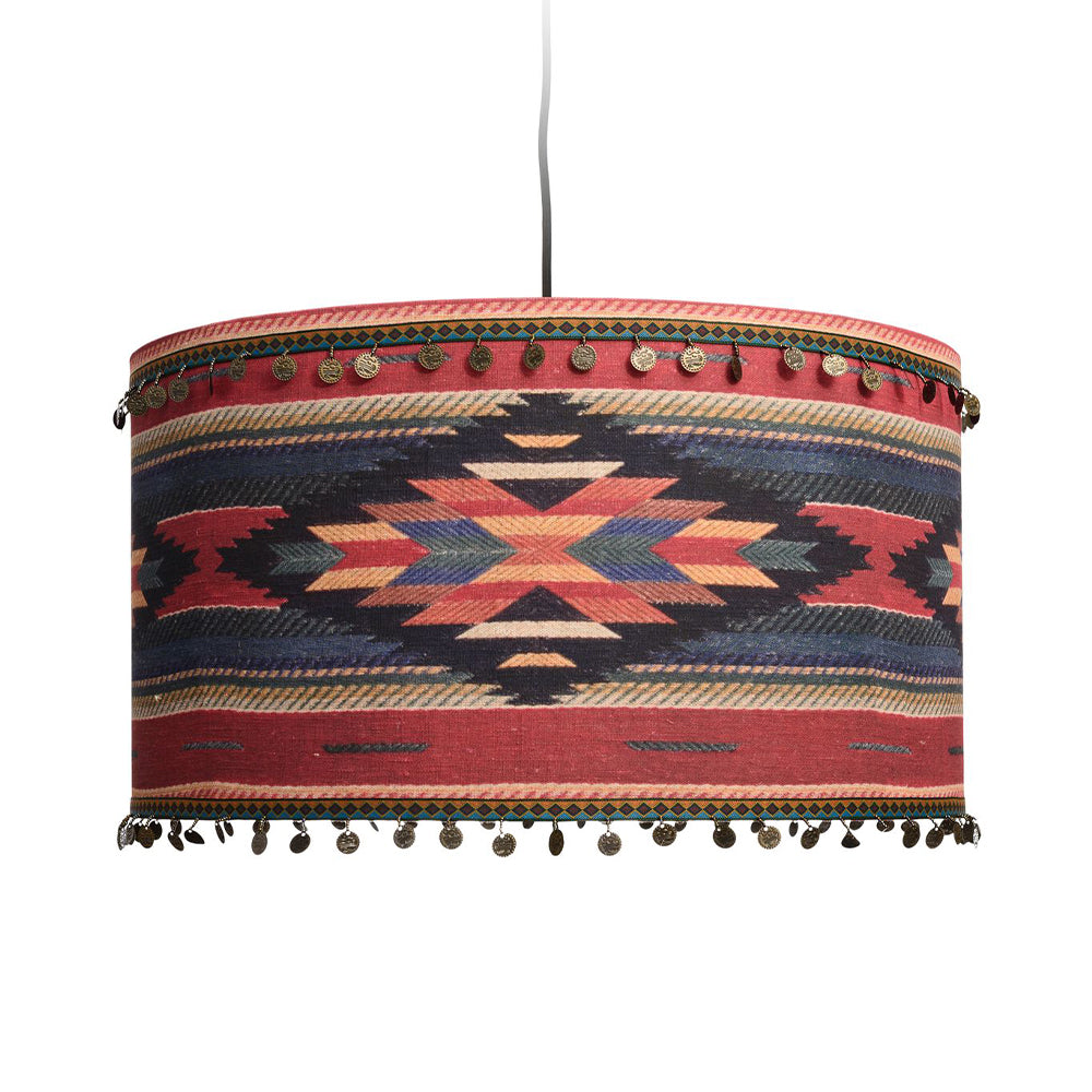 Mind the gap peruvian drum pendant ceiling light embellished with coin trimming
