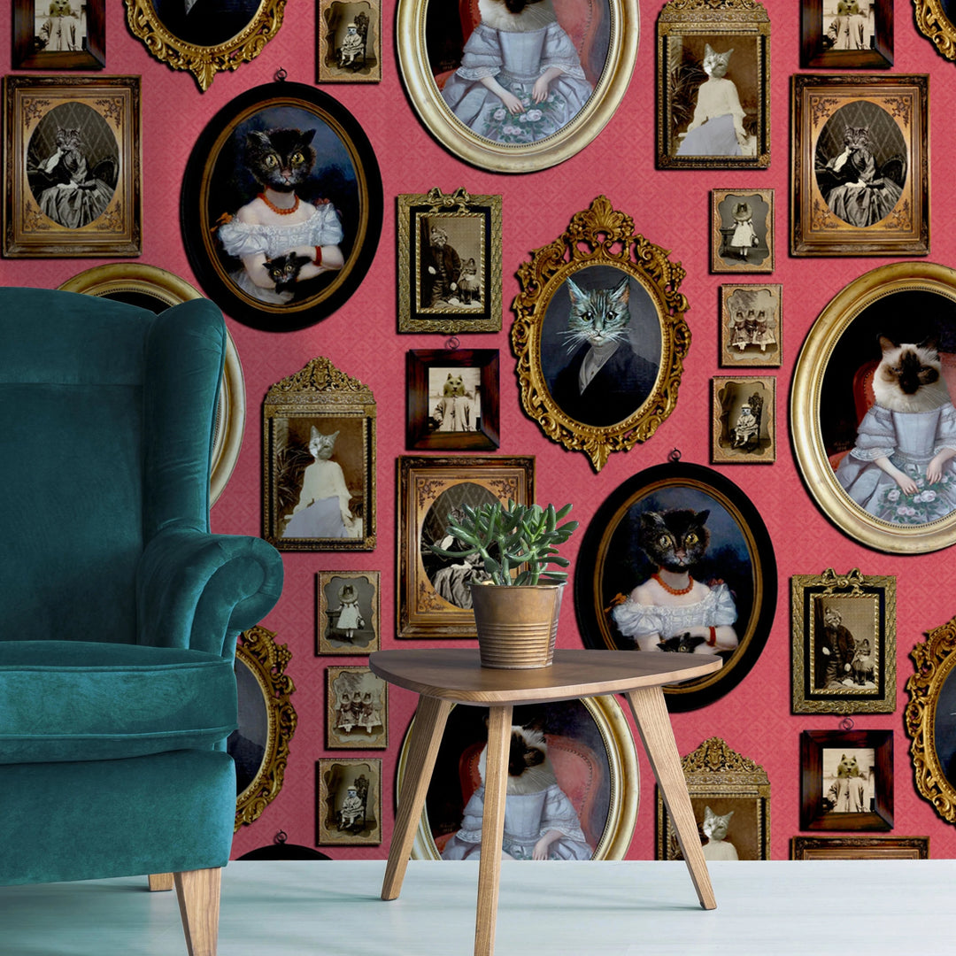 Cavalcade-of-cats-wallpaper-portraits-photoframed-kittens-family-blue-red-mustard-victorian-style-graduate-collection-Charlotte-Gore