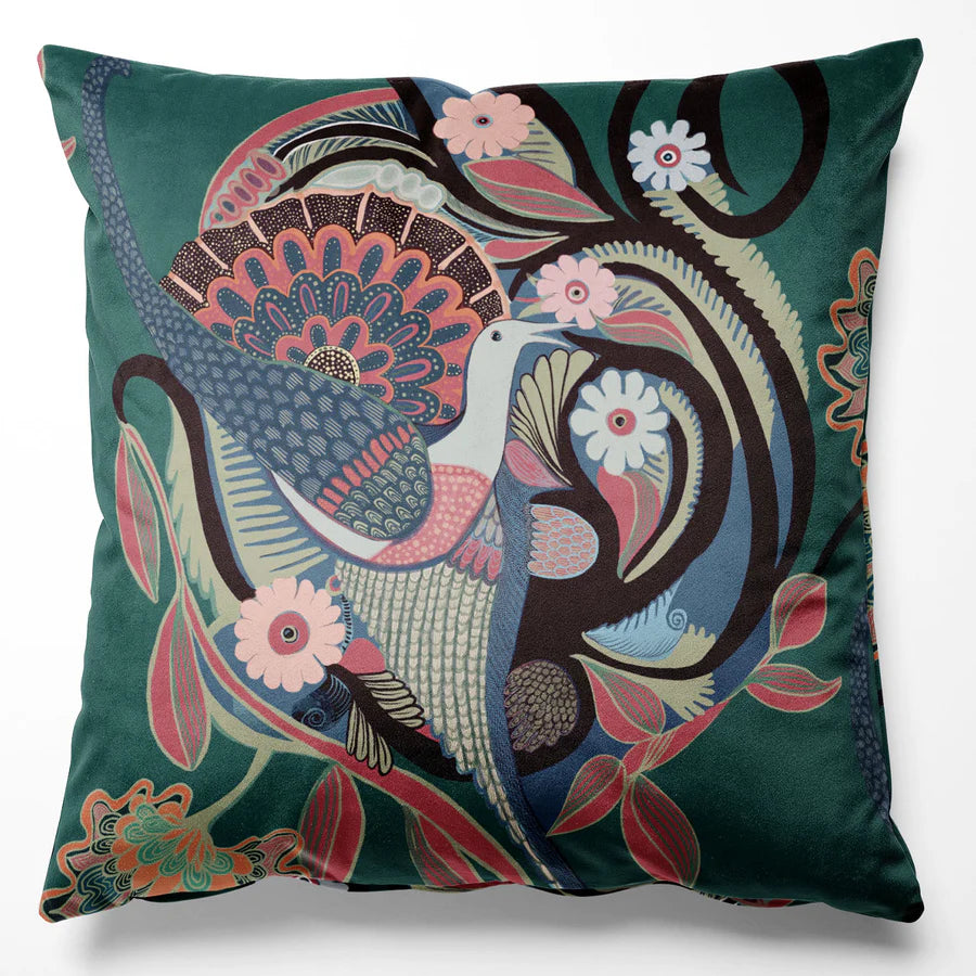 Tatie-Lou-Phoenix-velvet-cushion-bird-print-nesting-birds-art-deco-design-printed-pillow-45x45cm-two-sides-lush-fern-green-base