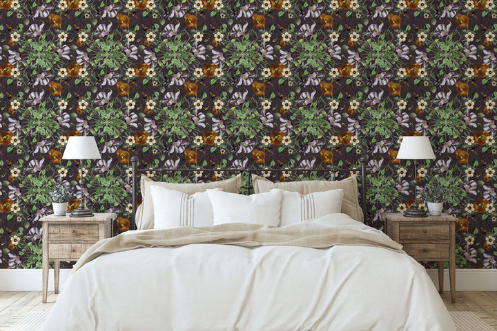 North-and-Nether-Midnight-Garden-collection-Opiumgrid-poppies-honeybees-rich-jewel-tones-black-background-floral