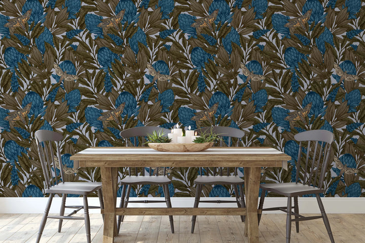 north-and-nether-protea-wallpaper-midnight-garden-collection-cream-blue-khaki-thistle-flowers-bristish-wallpaper-artisatic-luxury-brand