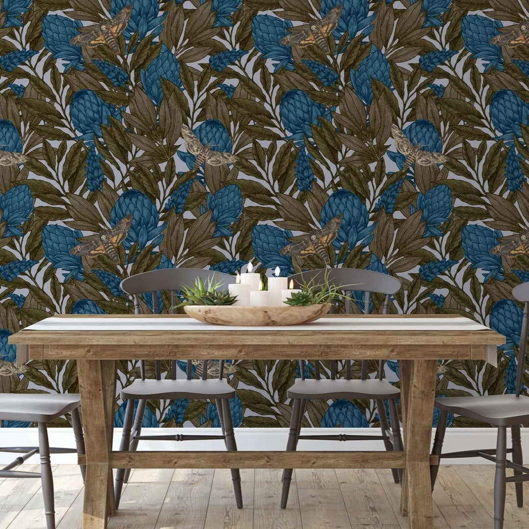 north-and-nether-protea-wallpaper-midnight-garden-collection-cream-blue-khaki-thistle-flowers-bristish-wallpaper-artisatic-luxury-brand