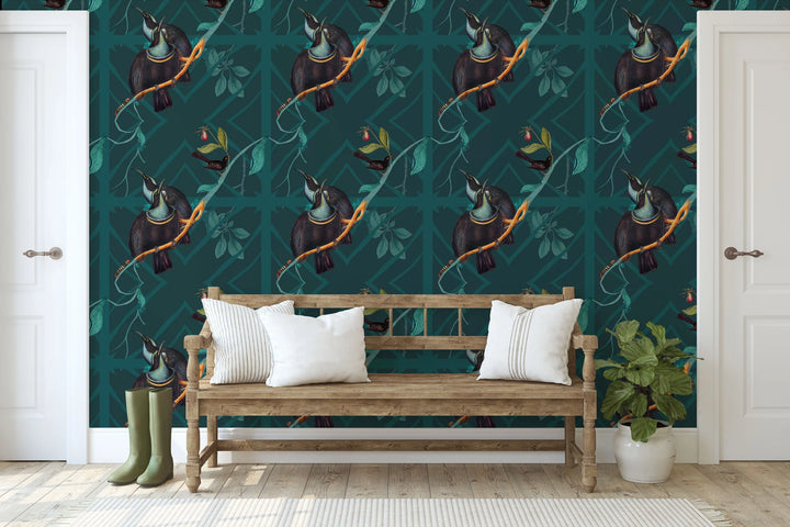 North-and-nether-caged-bird-illustrated-wallpaper-rifle-flora-flara-bird-teal-black-bird-pattern-large scale-print-