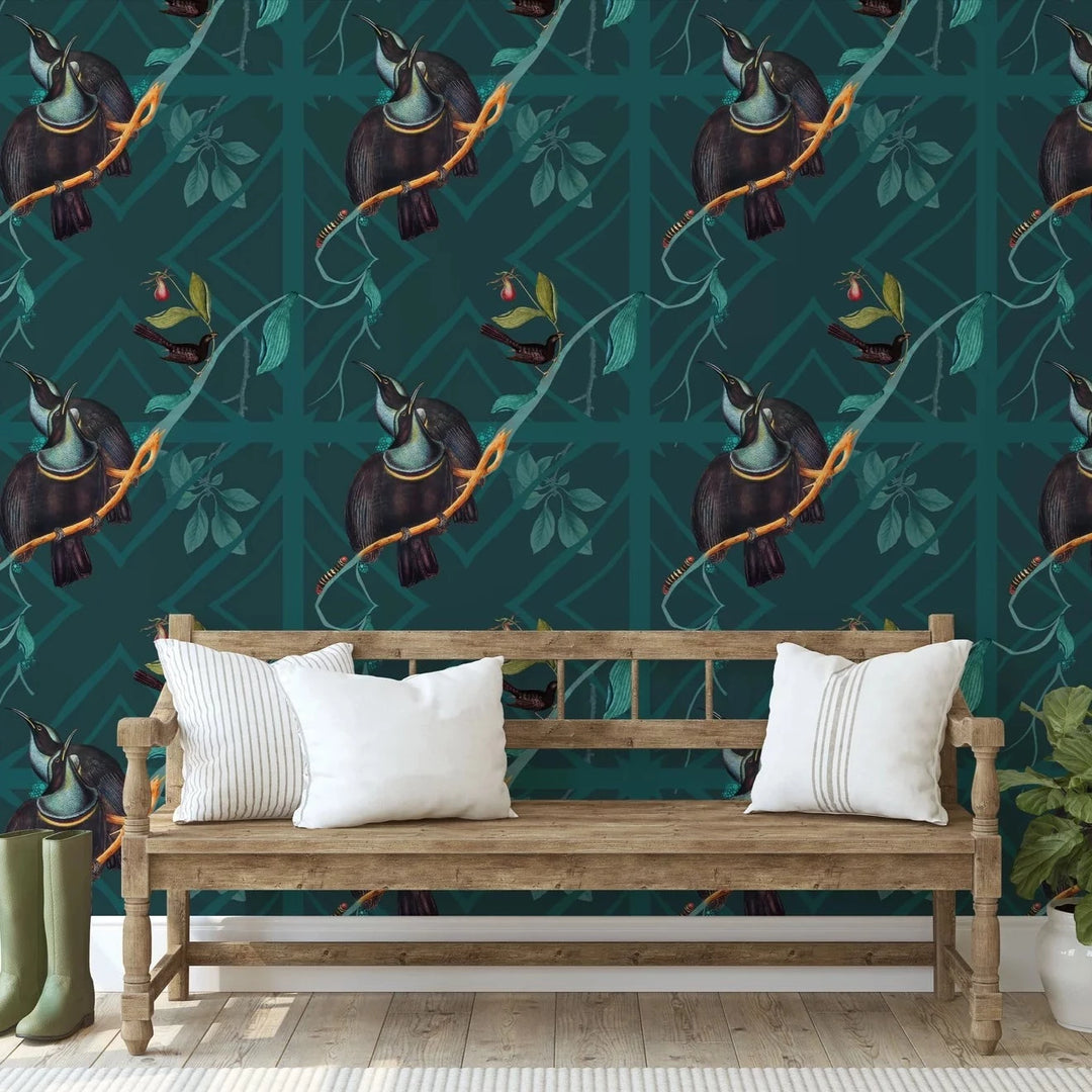 North-and-nether-caged-bird-illustrated-wallpaper-rifle-flora-flara-bird-teal-black-bird-pattern-large scale-print-