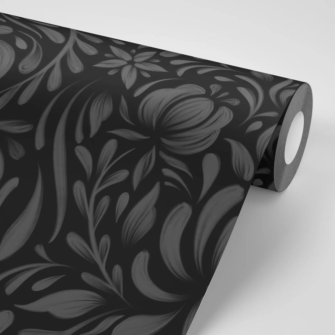 North-and-nether-folklore-collection-bud-wallpaper-black-on-black-floral-damask-bird-repeat-french-style-damatic-tonal-dark
