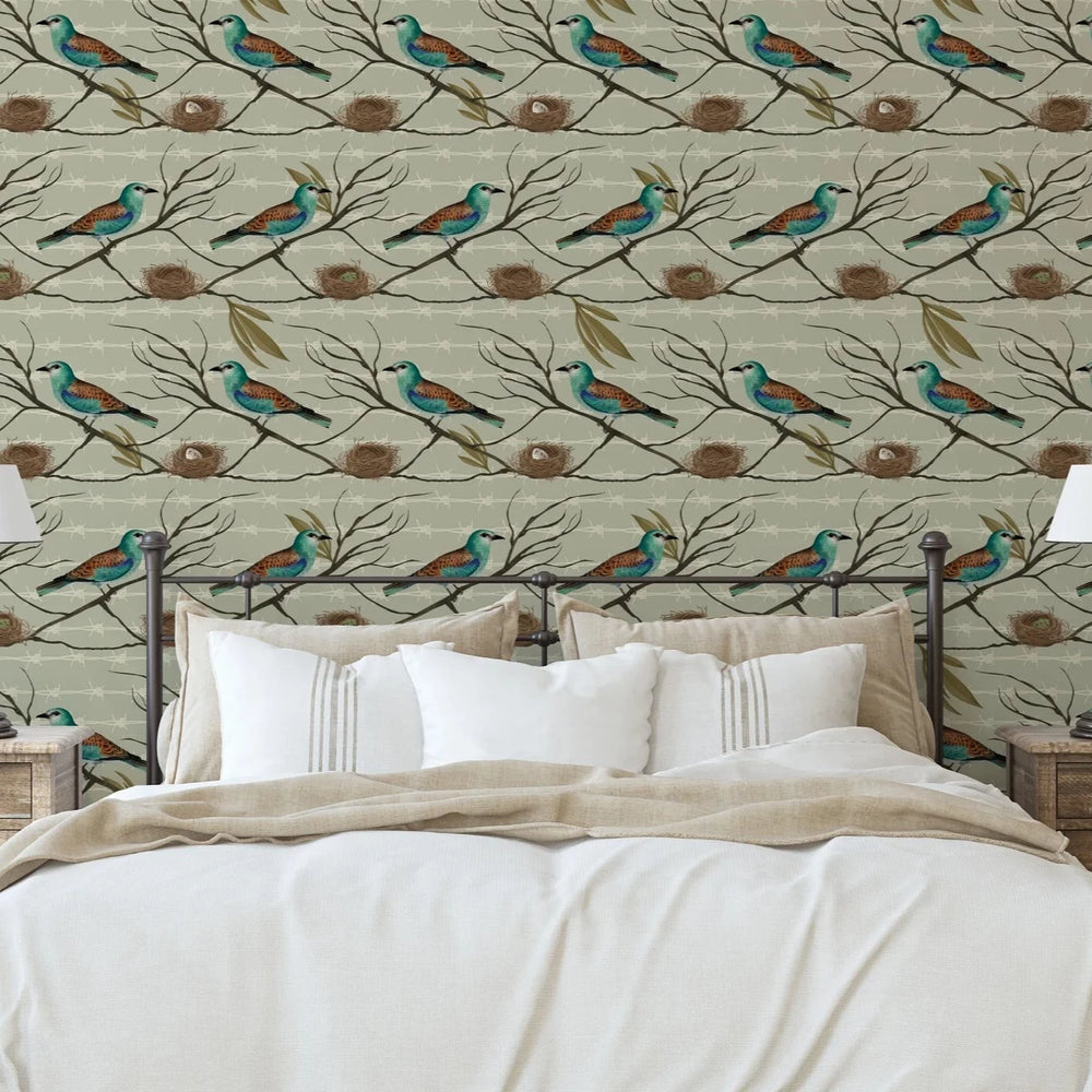 North-and-Nether-Roller-pattern-caged-bird-wallpaper-linear-pattern-bird-barbed-wire-nest-eggs-repeat-paper-pattern-mushroom-background