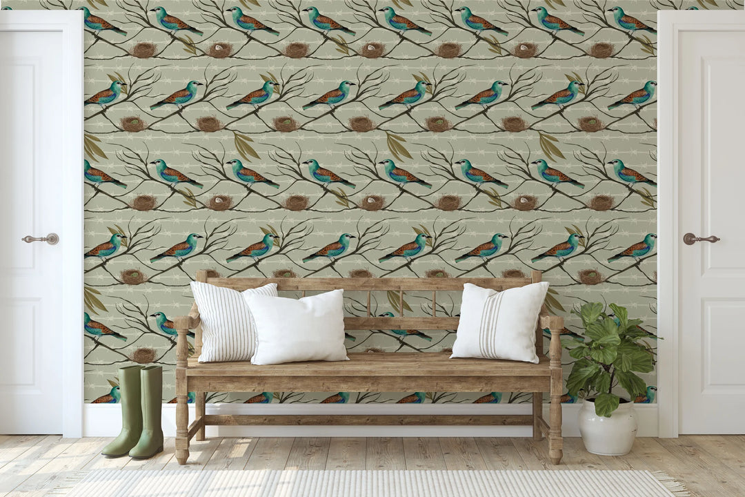 North-and-Nether-Roller-pattern-caged-bird-wallpaper-linear-pattern-bird-barbed-wire-nest-eggs-repeat-paper-pattern-mushroom-background