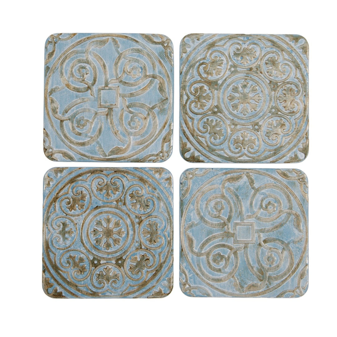 Embossed Blue and Bronze Coasters Set Of Four