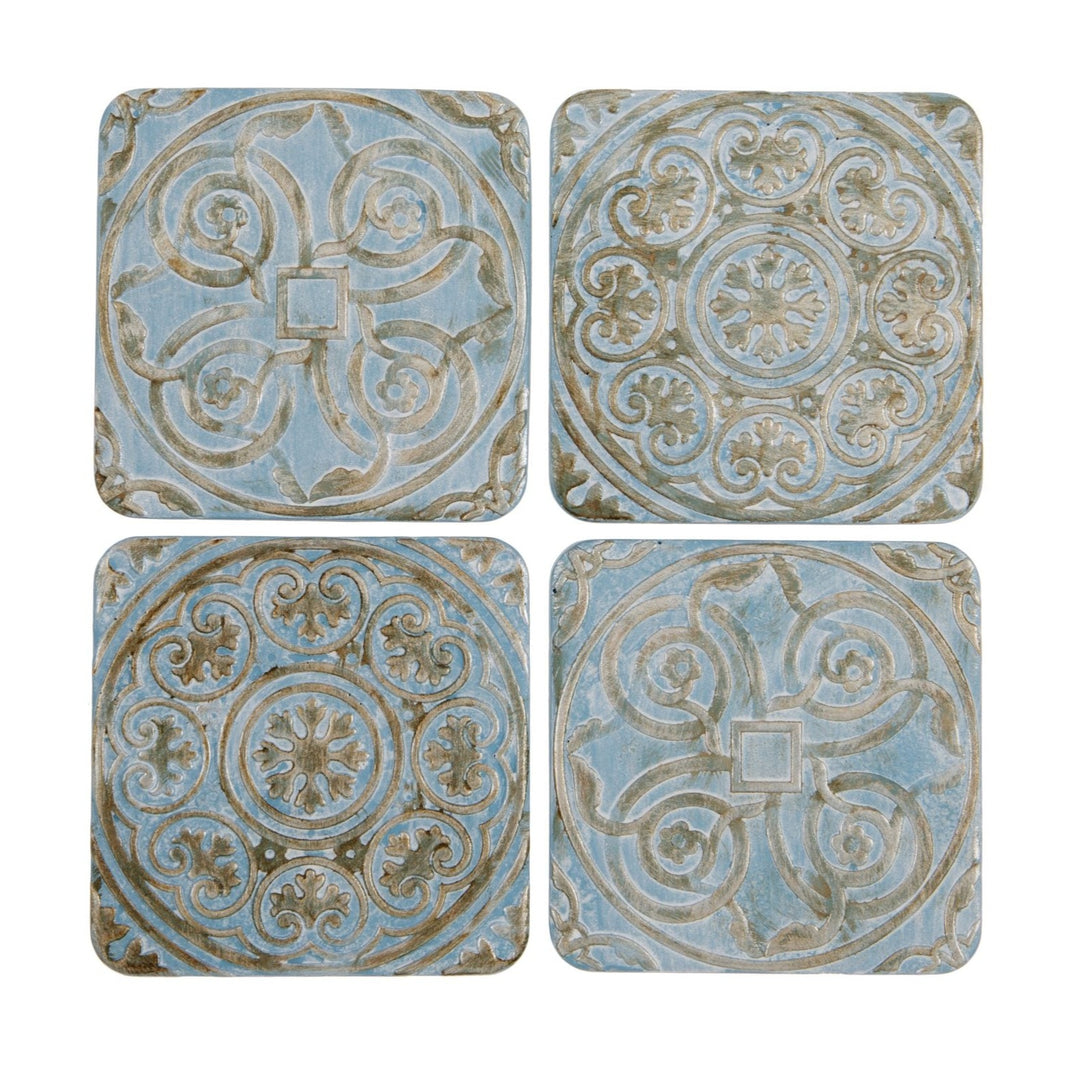 Embossed Blue and Bronze Coasters Set Of Four