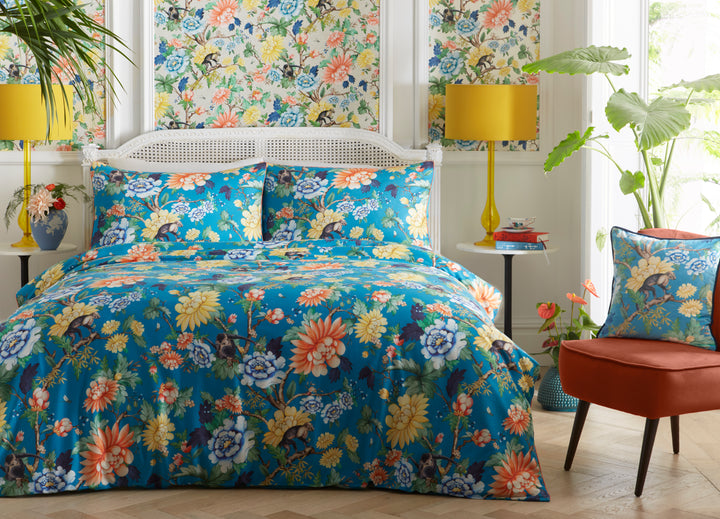 wedgwood-by-clarke-&-clarke-teal-blue-bedding-asian-florals-orange-yellow-monkeys-statement-duvet-cover-set-100-cotton-200-thread-count
