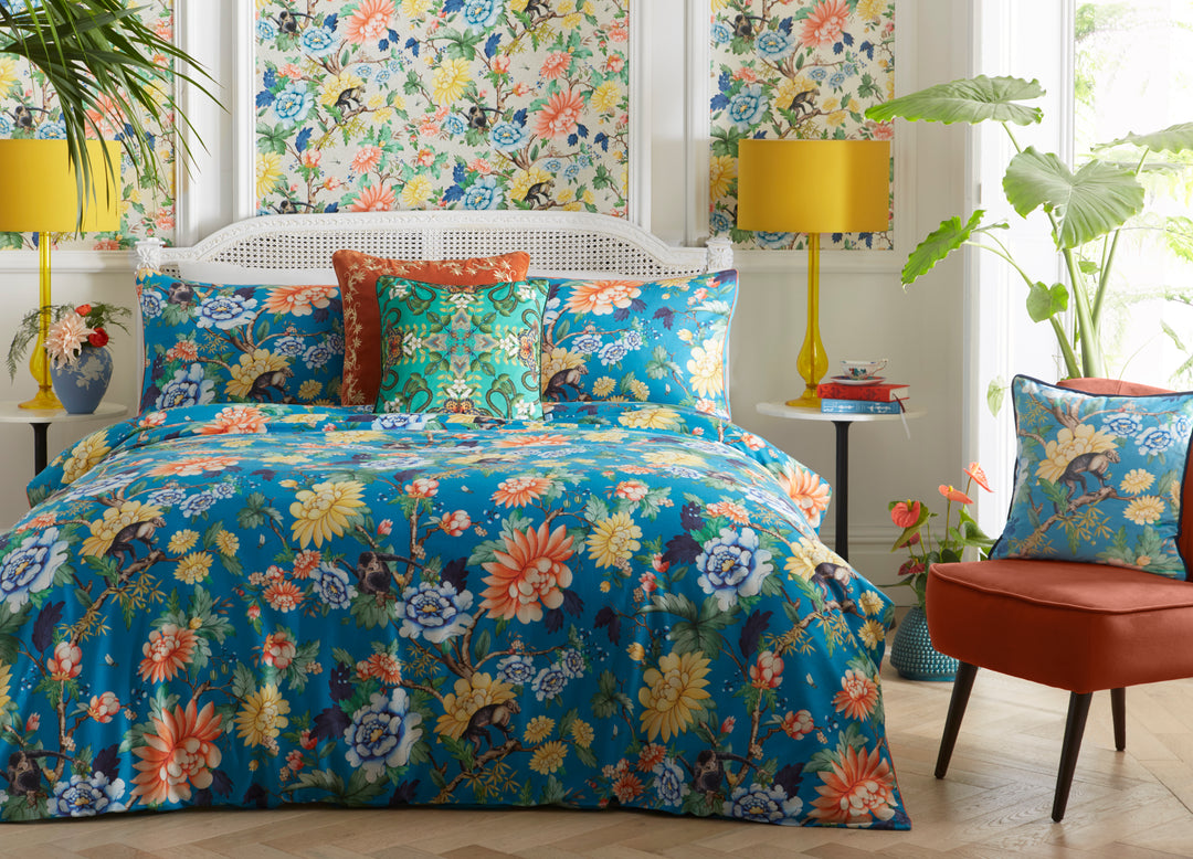 wedgwood-by-clarke-&-clarke-teal-blue-bedding-asian-florals-orange-yellow-monkeys-statement-duvet-cover-set-100-cotton-200-thread-count